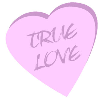 Pink heart-shaped candy with "TRUE LOVE" written in cursive script.