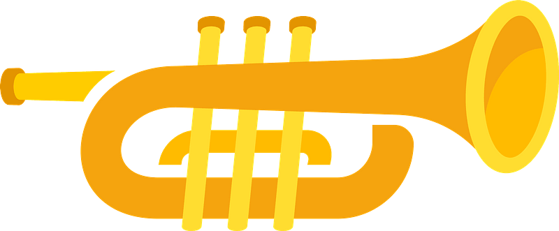 Golden trumpet with three valves, stylized vector illustration on gray background.