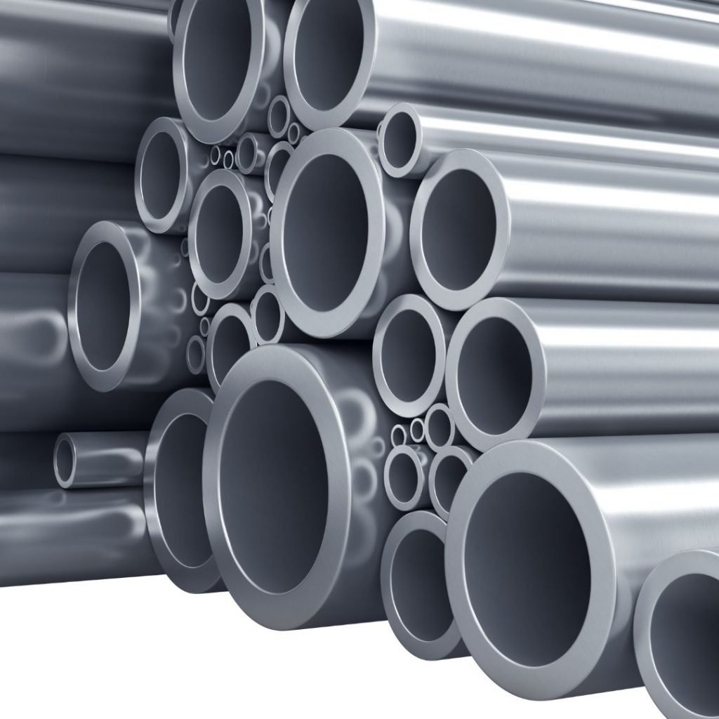 Stack of metallic industrial pipes in varying diameters, polished silver finish, arranged diagonally against white background.