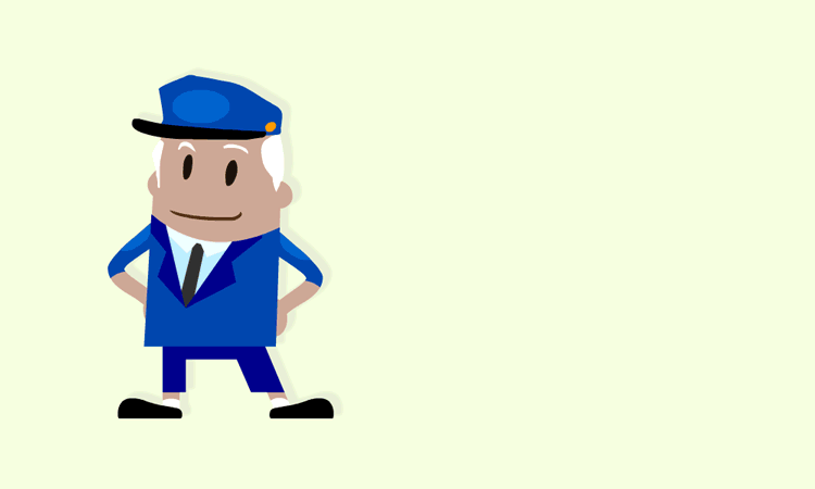 Smiling cartoon security guard in blue uniform and cap, hands on hips, standing confidently.