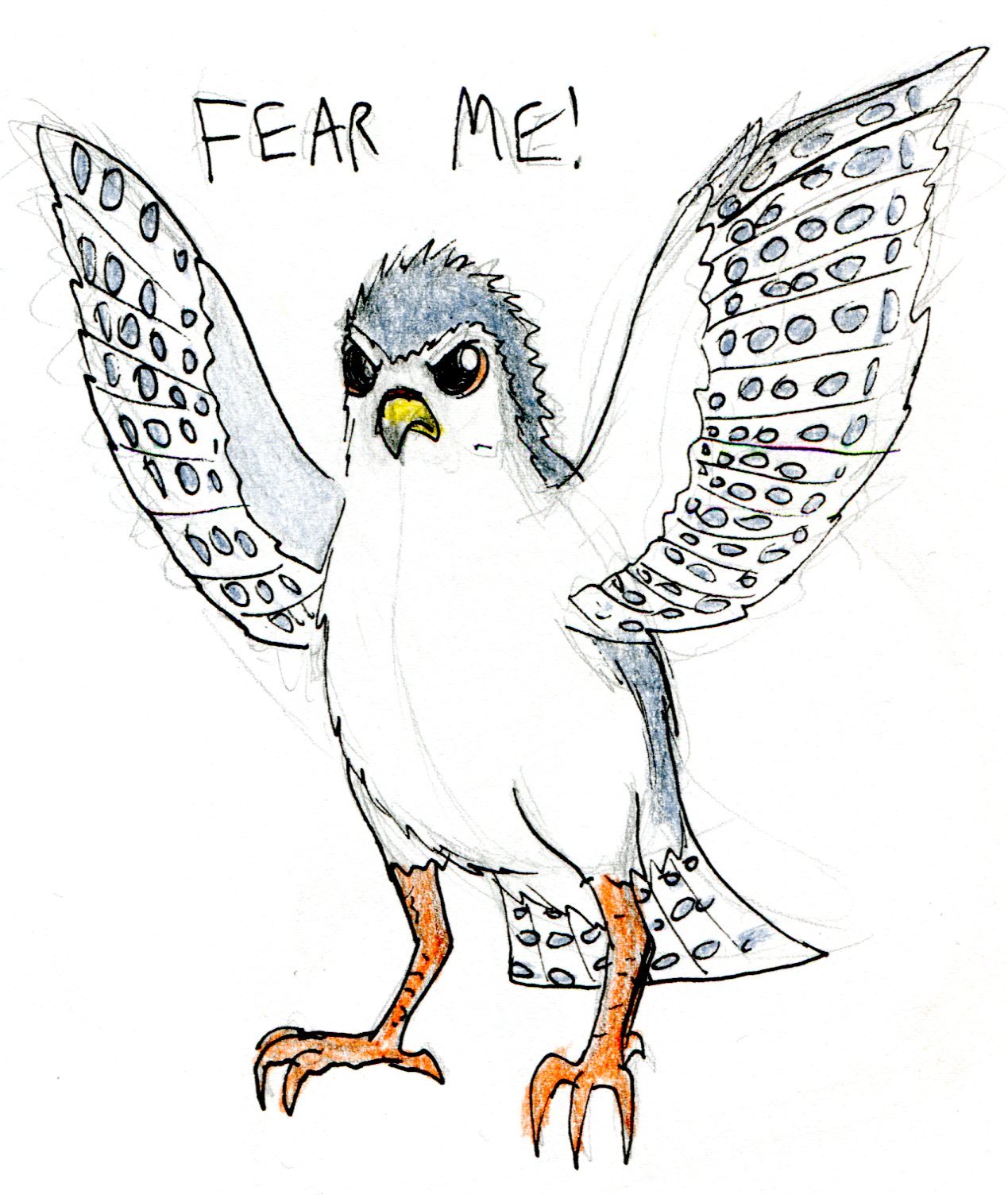 A fierce cartoon falcon with spread wings, orange talons, and the text "FEAR ME!" above its head.