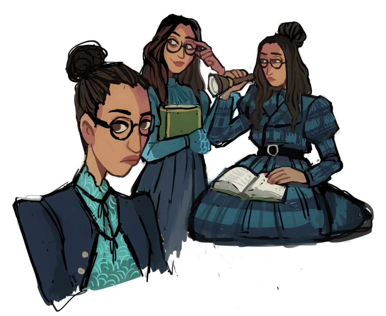 Three scholarly women in Victorian-style attire reading, observing with a telescope, and studying books together.
