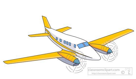 Yellow and white twin-propeller airplane clipart illustration with blue windows and spinning propellers.