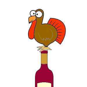 Cartoon turkey perched atop a wine bottle with surprised expression.