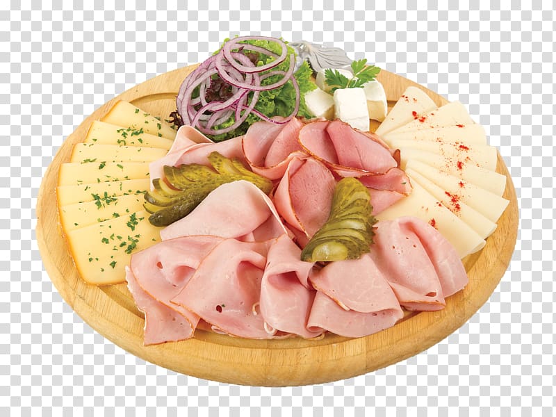 Wooden platter with sliced ham, cheese, pickles, red onions, and herbs on a transparent background.