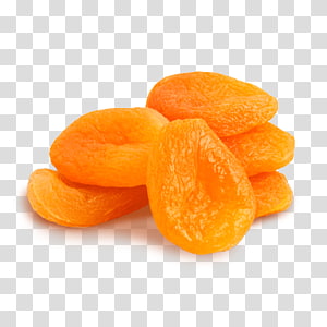 A close-up of plump, orange dried apricots with wrinkled texture on a transparent background.