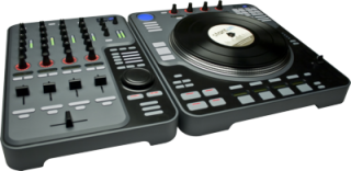DJ controller with dual-channel mixer and turntable-style jog wheel for digital vinyl simulation.