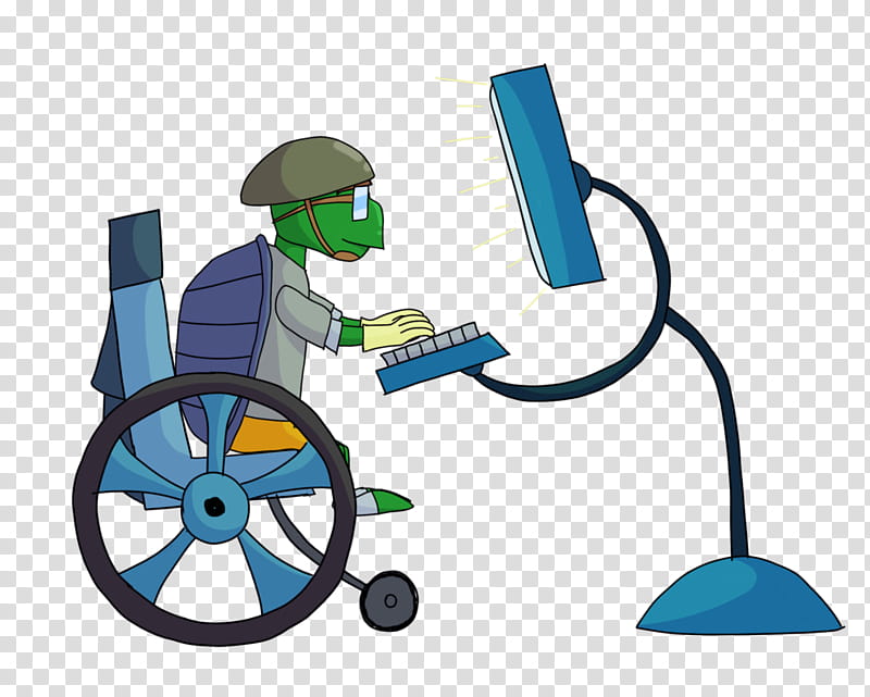 Green turtle character in wheelchair using a computer with flexible monitor arm.