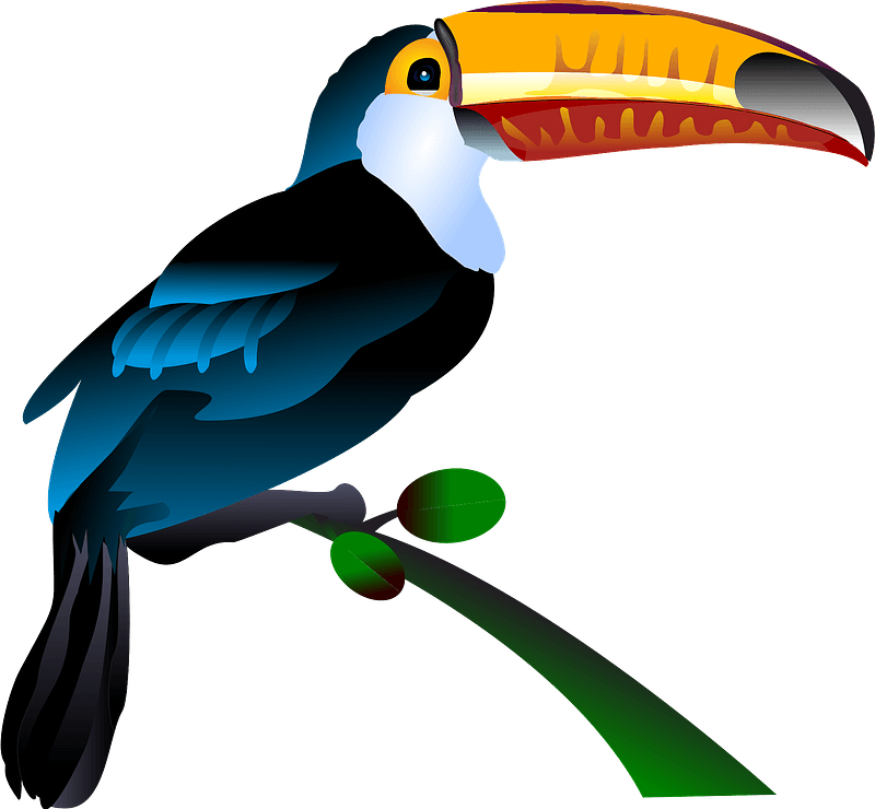 Vibrant toucan with large orange and red beak perched on a green branch against gray background.