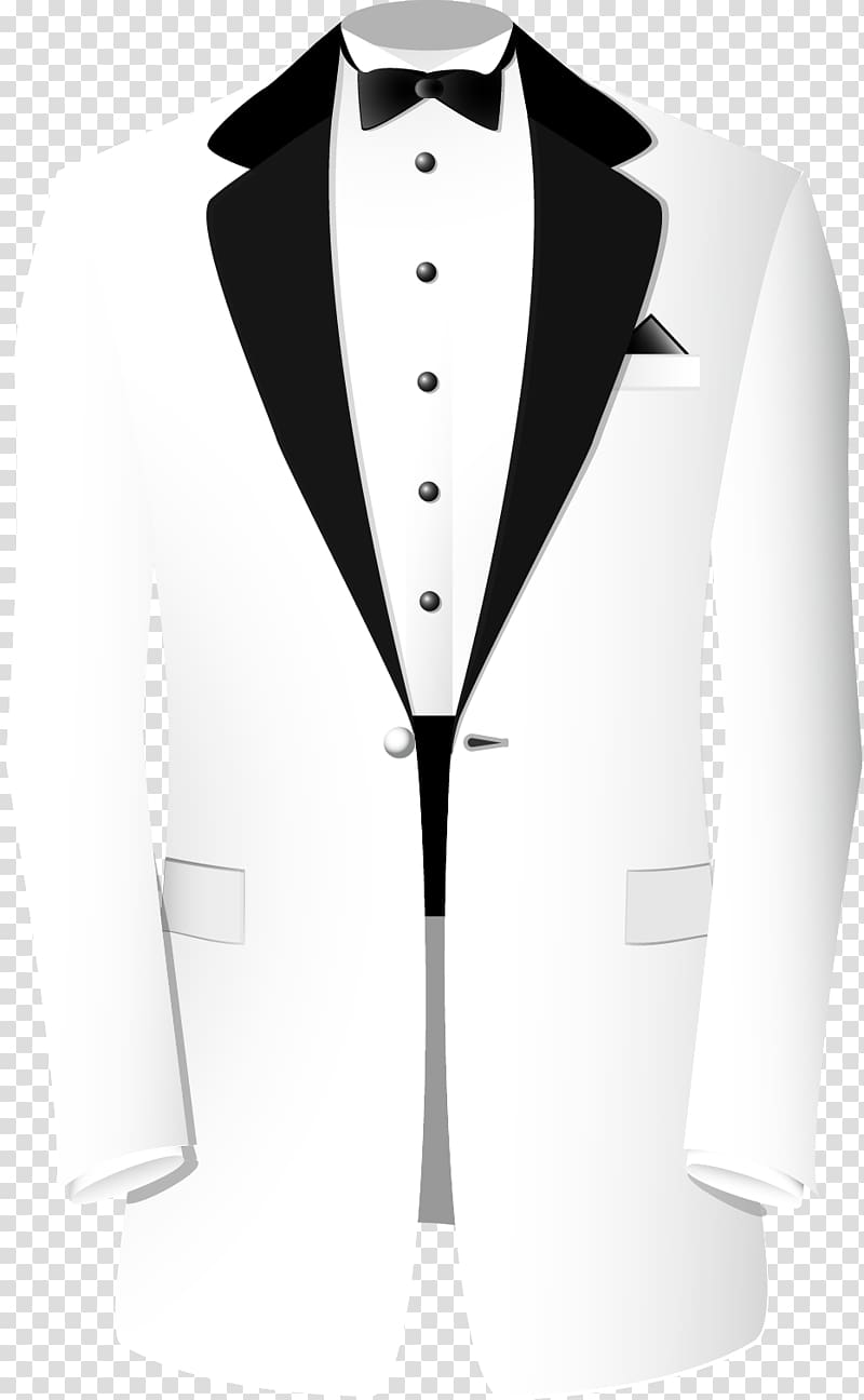 White tuxedo jacket with black satin lapels, bow tie, and pocket square on mannequin torso.