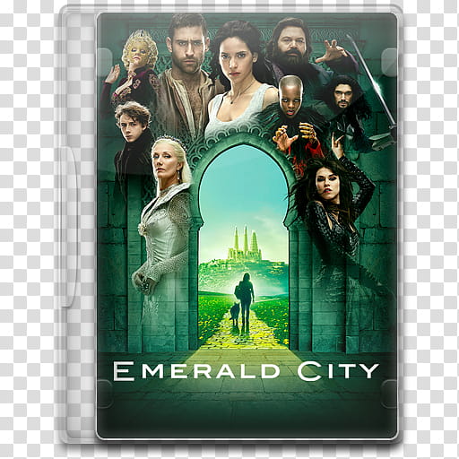 DVD cover for "Emerald City" featuring ensemble cast around an arched gateway to a green landscape with distant spires.