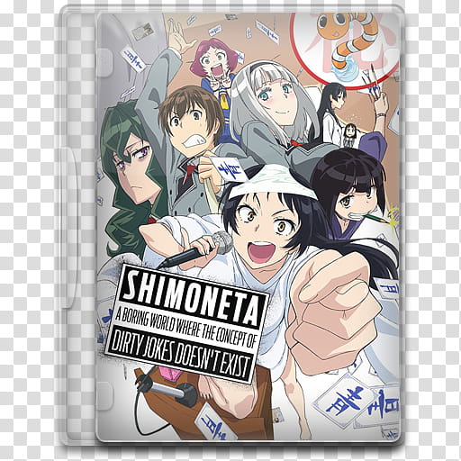 Anime cover art for "Shimoneta: A Boring World Where the Concept of Dirty Jokes Doesn’t Exist" featuring expressive characters and scattered papers.