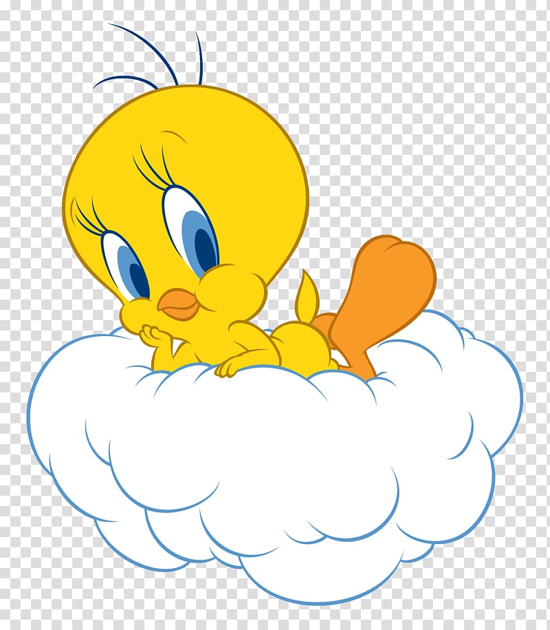 Baby Tweety Bird resting on a fluffy white cloud, yellow feathers, blue eyes, and orange feet.