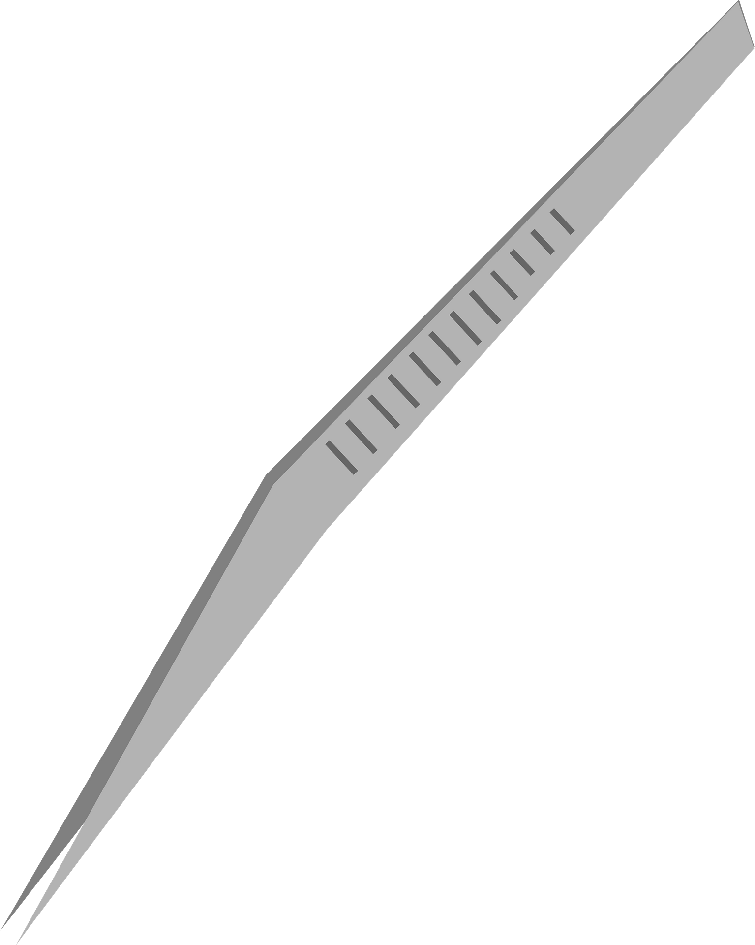 A sleek, metallic surgical scalpel with a sharp pointed tip and calibrated measurement markings along the blade.