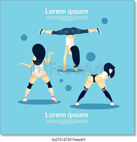 Three stylized women performing dynamic fitness exercises against a light blue background with abstract circles.