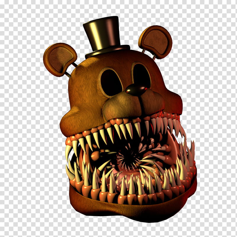 A menacing animatronic bear head with sharp teeth, hollow eyes, and a top hat, from the Five Nights at Freddy's horror game series.