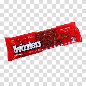 A red-wrapped package of strawberry-flavored Twizzlers licorice candy sticks on a transparent background.