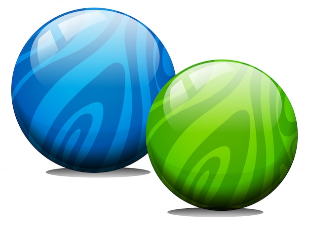 Two glossy marbled spheres-one blue, one green-with swirling patterns and soft shadows on white background.