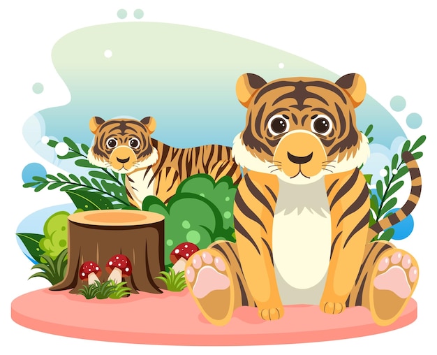 Two cartoon tigers sitting among green foliage, mushrooms, and a tree stump in a cheerful forest scene.