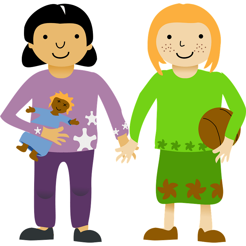 Two diverse girls holding hands-one with a doll, the other with a basketball-symbolizing friendship and inclusion.
