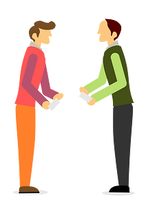 Two stylized people facing each other, exchanging small rectangular items-symbolizing collaboration, trade, or document sharing.