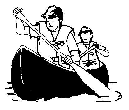 Two people paddling a canoe, an adult in front and a child behind, both wearing life vests.