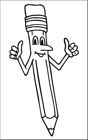 Smiling cartoon pencil character giving two thumbs up, black-and-white line drawing for coloring or education.