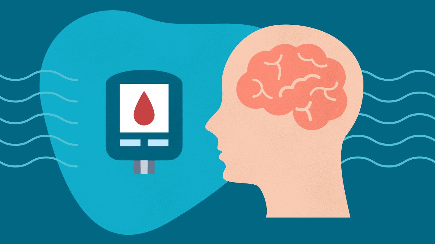 Illustration of a human head with brain facing a blood glucose monitor, symbolizing brain health and blood sugar monitoring.