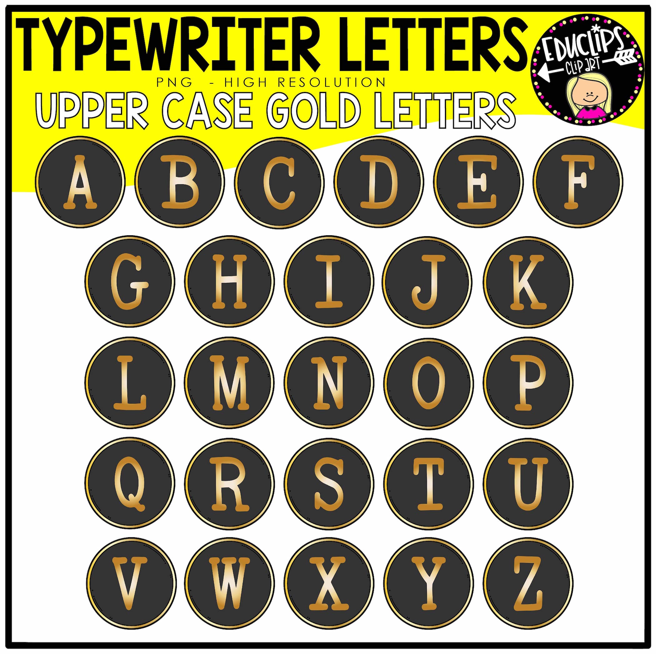 Uppercase gold typewriter-style letters A-Z in black circular badges with gold borders, high-resolution PNG clip art.