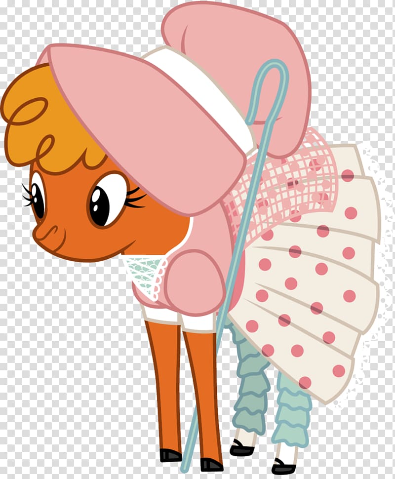 A cartoon orange pony in a pink bonnet and polka-dot dress holding a shepherd’s crook, styled like a vintage doll.