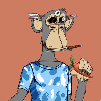A cartoon monkey with arrows in its head, wearing a blue camo shirt, holding a carrot and a knife in its mouth.