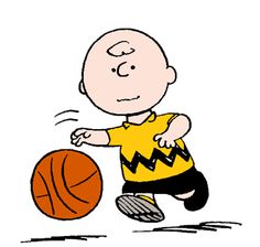 Charlie Brown dribbling a basketball in his iconic yellow zigzag shirt.