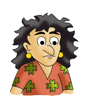 Cartoon woman with curly black hair, yellow earrings, and orange shirt with green leaf patterns, looking skeptical.