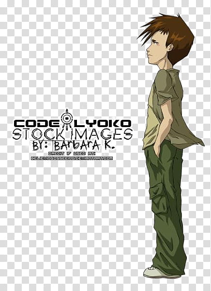 Anime-style young male character in olive green outfit, side profile, hands in pockets, spiky brown hair.