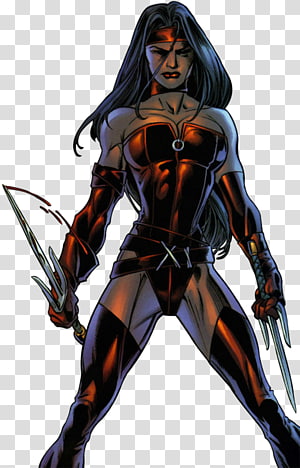 X-23 in a red and black tactical suit, wielding dual adamantium claws, standing in a combat-ready pose.
