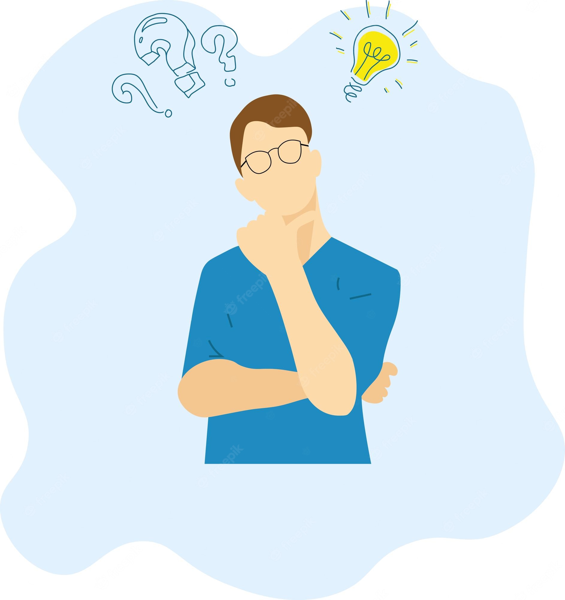 A thoughtful man in glasses with question marks and a lightbulb above his head, symbolizing curiosity and idea generation.
