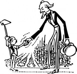 An elderly man and a young boy gardening together, with the man handing the boy a seedling while holding a watering can.