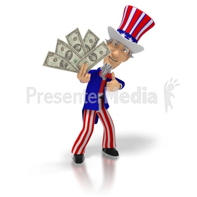 Uncle Sam holding cash and a gun, wearing patriotic attire with a confident stance.