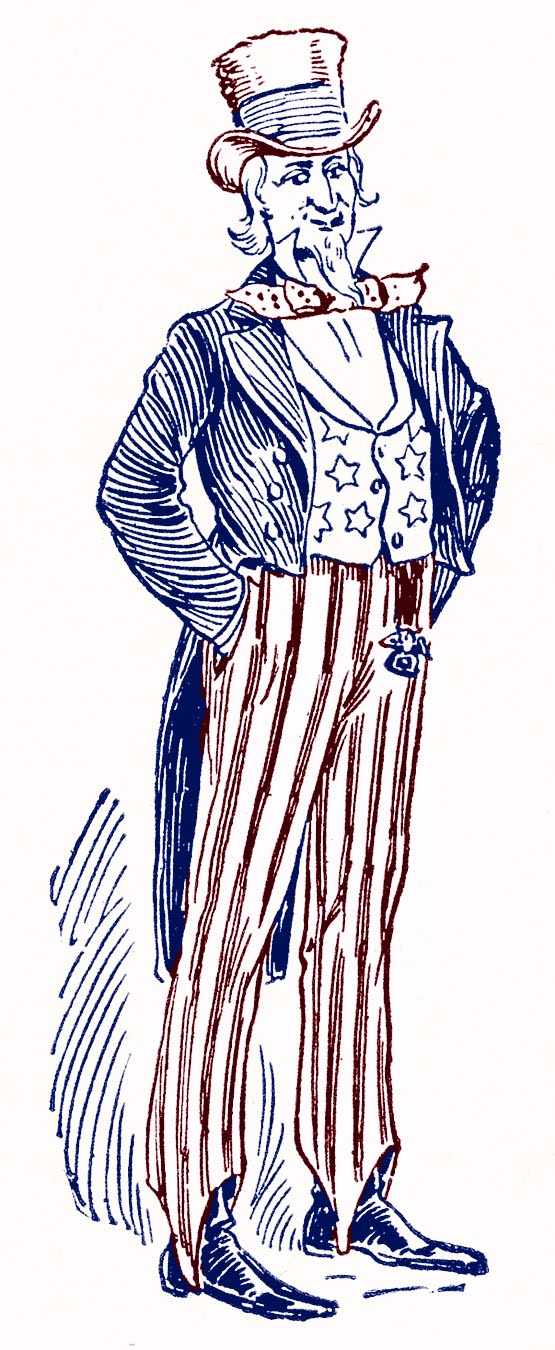 Classic Uncle Sam illustration in top hat, stars-and-stripes vest and trousers, hands on hips, patriotic symbol of the USA.