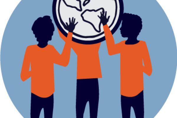 Three diverse children holding up a globe together, symbolizing global unity and youth empowerment.