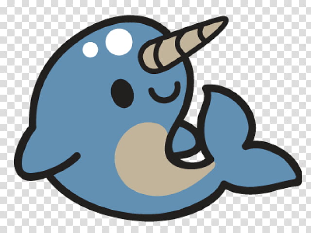 Cute cartoon narwhal with a smiling face, spiral tusk, and light blue body on transparent background.