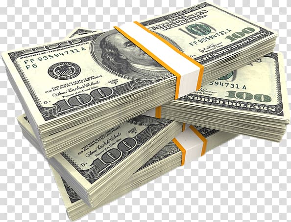 Stacks of US $100 bills bundled with orange and white bands, displayed on transparent background.