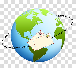 Globe with envelope orbiting Earth, symbolizing global mail delivery and international communication.