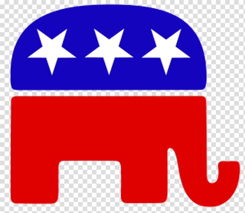 Republican Party elephant logo with blue banner and three white stars over red elephant silhouette.