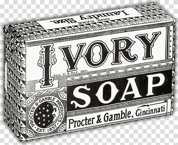 Vintage Ivory Soap bar packaging by Procter & Gamble, Cincinnati, 19th-century ornate black-and-white label design.
