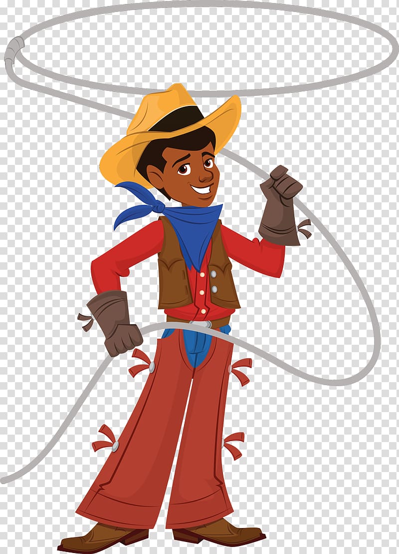 Smiling young cowboy in yellow hat and red outfit twirling a lasso in mid-air.