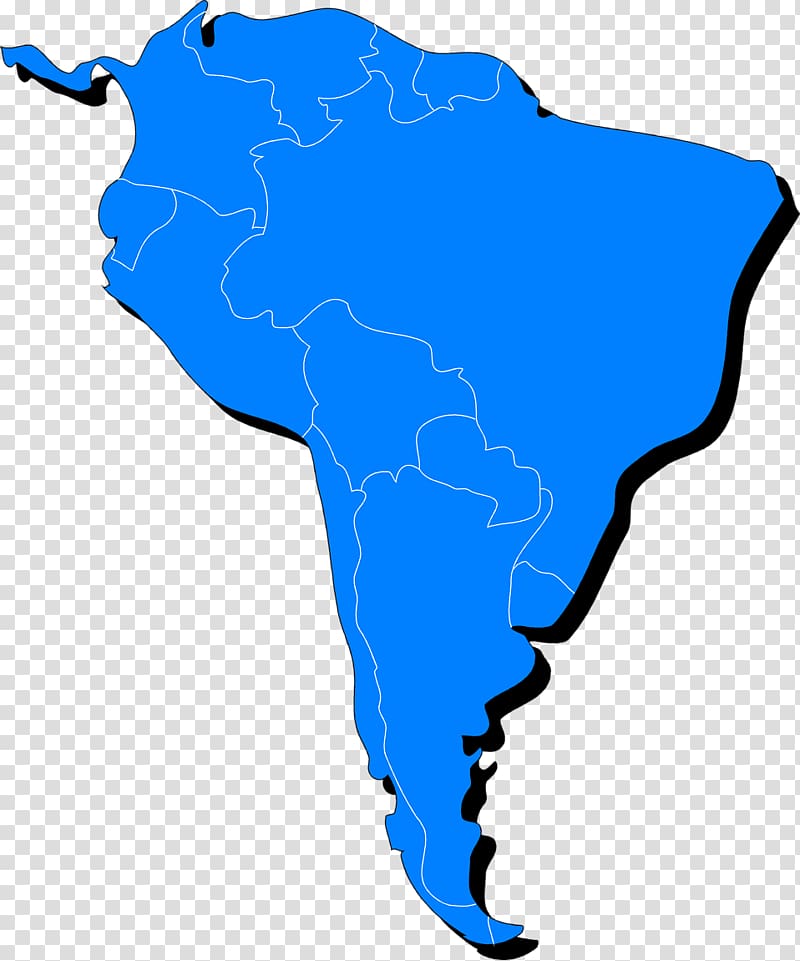 Blue silhouette map of South America with internal country borders outlined in white.