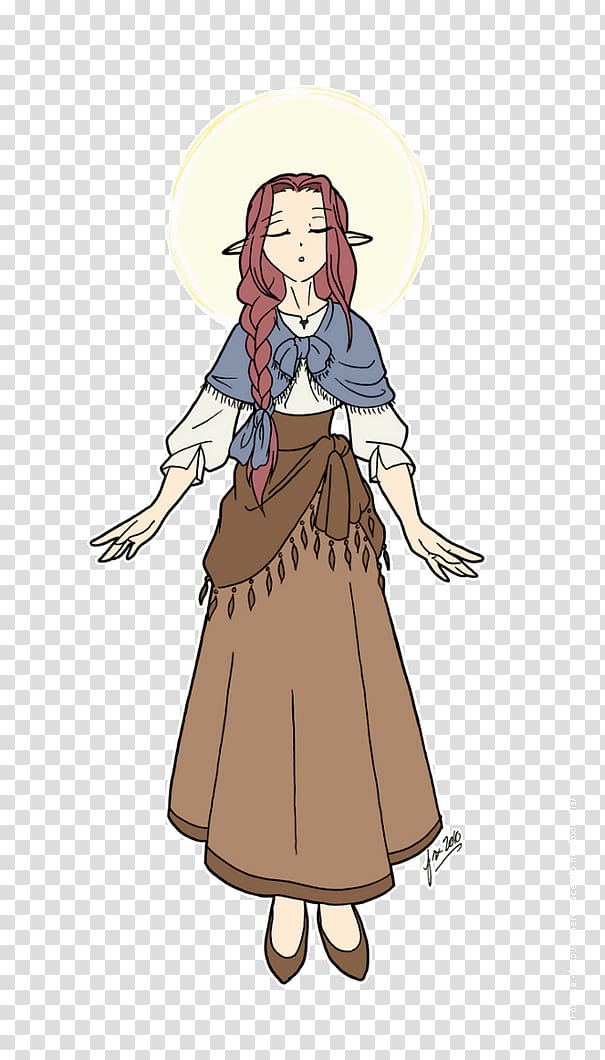 Elven woman with braided red hair, blue shawl, brown skirt, and halo, eyes closed in serene pose.
