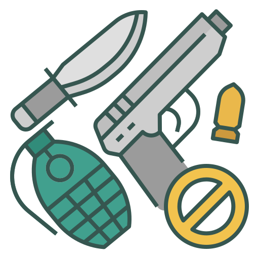 Flat-style icons of a knife, pistol, grenade, and prohibition symbol representing weapons and禁令.