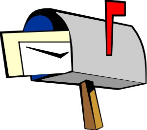 Gray metal mailbox with red flag raised and a letter partially inserted, cartoon-style illustration.